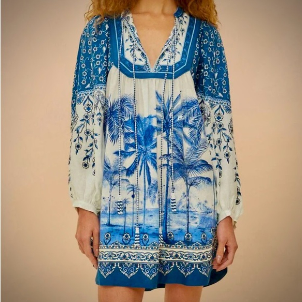 FARM Rio Blue and White Palm Tree Mini Dress